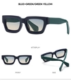 Diseño de tres vistas de gafas de sol cuadradas retro con montura azul y lentes amarillas - Montura Negra Lentes Verde Amarillo