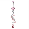 Silver belly button ring with faceted pink zircon stones and elegant S-shaped dangle - Style 24/Silver Pink Water Drop Pendant