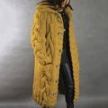 Detail of chunky cable knit pattern and large grey buttons on yellow hooded cardigan - 3XL / Tops / Yellow