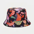 Detail shot of the colorful mushroom print on a black bucket hat with stitched brim - M (56-58cm) / 24# Black Trendy Mushroom