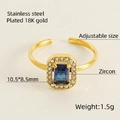 18K gold plated stainless steel ring with blue zircon stone and diamond accents - Adjustable Open / Blue