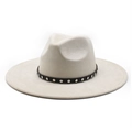 Beige wide brim fedora hat in faux suede with black studded leather band and rivets - M (56-59cm) / Off White