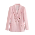 Detail of pink blazer featuring golden embossed buttons and a double-breasted design - XS / Pink