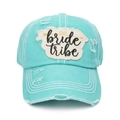 Detail of mint green washed baseball cap with bride tribe patch and distressed edge - Adjustable / Lake Blue