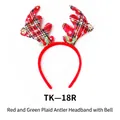 Christmas reindeer antler headband with red green plaid fabric and small metal bells - TK-18R (Red Green Plaid Pointed Antler Headband - Red)