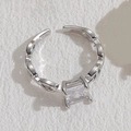 Silver adjustable geometric ring with square zircon and chain textured band - Pig Nose Square Zirconia / Platinum Color