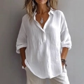 Minimalist white V-neck linen button-up shirt for women in a loose casual style - S / White