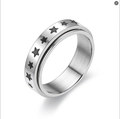 Silver stainless steel spinner ring with matte brushed finish and black star patterns - US 5 / Silver Pentagram Rotating Ring