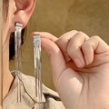 Élégantes boucles d'oreilles longues à pompons argentés avec chaînes sur un modèle - Style à Fines Franges Argentées