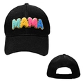 Detail of colorful chenille MAMA patches with gold sequins on black baseball cap - Black