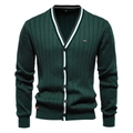 Dunkelgrüner Herren-Strickjacke mit V-Ausschnitt, weißer Paspelierung und Rippenmuster - Grün