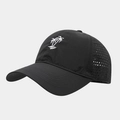 Detail van palmboomborduursel en lasergesneden ventilatiegaten op zwarte sneldrogende pet - Verstelbaar / donkergrijs