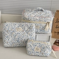Three-piece floral corduroy cosmetic bag set in cream white with blue flower patterns - Spring Fresh Blue Floral Corduroy