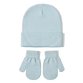 Detailed close-up of light blue knitted baby hat and mittens set with ribbed cuffs - Size S (3-18 Months) / Blue