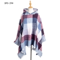Hooded plaid shawl with blue and red checked patterns and elegant tassel hem finish - Wine Red & Blue