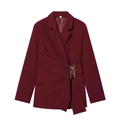 Detail of burgundy blazer featuring asymmetrical pleats and a large gold-tone buckle closure - Wine Red Top