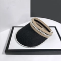 Elegante visera de paja tejida negra con perlas blancas para mujer y niños, estilo veraniego - Adulto / Negro