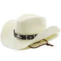 Detail of woven straw cowboy hat with brown leather band and silver skull emblem decoration - M (56-58cm) / Creamy White