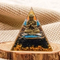Handmade Buddha pyramid resin ornament with blue and black crystals and gold foil - 5cm / Style 4