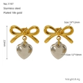 Detail view showing dimensions of two-tone stainless steel bow and heart earrings - Two-tone (Gold & Silver)