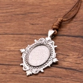 Antique silver oval pendant tray with brown PU cord for DIY jewelry necklaces - Beaded Border Oval Style
