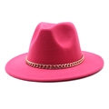 Detail of fuchsia wool fedora hat with stylish gold curb chain accessory on white background - M (56-58cm) / Rose Red