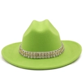 Detail of neon green wool fedora hat featuring a studded white band with rhinestones - M (56-58cm) / Fruit Green