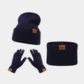 Detail of navy blue winter knit set with DAD leather patch and touch screen gloves - DAD Navy Blue