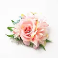 Bohemian floral hair comb featuring pink roses and blue flowers with silver metal teeth - FS06-3 Pink