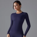 Close-up of slim-fit navy blue long-sleeve yoga top featuring breathable matte fabric - Dark Blue (6662 Long Sleeve)