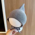 Gray knitted baby earflap hat with pointed top and chin ties for winter warmth - Cap circumference 40-48cm, suitable for 3-18 months / Basic Elf Hat Grey