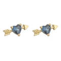 Detail of Cupid's arrow stud earrings featuring blue heart-shaped gems in gold setting - Gold Blue Cupid Arrow Heart