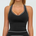 Schwarzes Yoga-Tanktop für Damen mit weißem Kontrastrand und schmaler Passform - S / Premium Schwarz