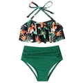 Costume da bagno due pezzi per bambina con top a fiori tropicali e slip a vita alta verde scuro - Bambini 116 / Frangipane