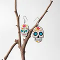 Colorful sugar skull acrylic earrings with floral pattern for Halloween and festival fashion - Light Grey with Colorful Flowers