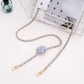 Close-up of baby blue leather chain strap with pearl camellia flower and lobster clasps - Crossbody Chain / Light Blue