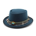 Detail of wool fedora with ethnic woven band, turquoise stone, and vintage coin pendant - M (56-58cm) / Teal