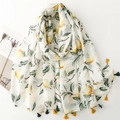Breathable cotton-linen feel scarf in cream with lemon print and colorful tassels - Cream White Base Yellow Lemon Pattern (SL2502-019)