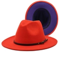 Red wool fedora hat with purple inner brim and black leather belt buckle accent - M (56-58cm) / Orange Red + Purple