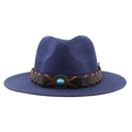 Detailed view of straw fedora hat featuring a turquoise stone and braided leather band - Navy Blue