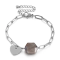 Adjustable stainless steel heart bracelet with grey hexagonal gemstone and paperclip chain - Silver Grey Hexagonal Bead (KB145370-Z)