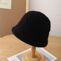 Close-up of black crochet knit bucket hat showing fuzzy mink velvet texture and hollow weave - Adjustable / Black