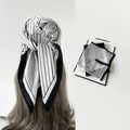 Satin floral square scarf with black and white stripes and floral print for hair styling - L7215-Lily Black