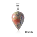 Polished teardrop Unakite crystal pendant necklace with silver metal clasp on white background - Unakite