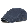 Retro dark blue washed denim flat cap with adjustable brass buckle on the side - Adjustable / Navy Blue