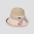Detail shot of an elegant beige woven summer sun hat for women featuring a bow. - M (56-58cm) / Beige