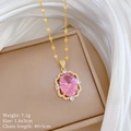 Detail view of gold necklace with pink oval stone, micro-pave crystals and dimensions - Gold