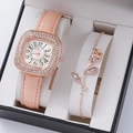 Macro view of rose gold square watch with crystal bezel and matching rose bracelet - Pink (Watch with Bracelet)