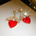 Chic gold-plated heart-shaped strawberry earrings with red glaze and sparkling crystals - Gold Heart Strawberry Red Zircon Earrings (19#)