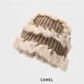 Winter camel knitted hat featuring plush faux rabbit fur trim and thick yarn texture - M (54-58cm) / Camel